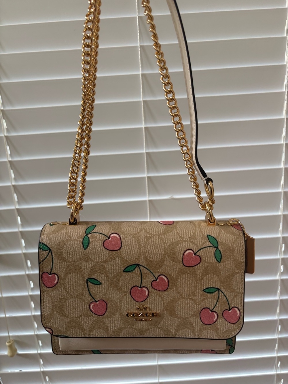 Coach Klare 22 Cherry Print Signature Chain Shoulder Bag - Pink/Beige